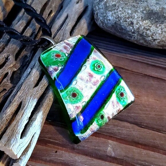 PinkDiva Jewelry - Cobalt Blue Dichroic Glass Trapezoid Necklace